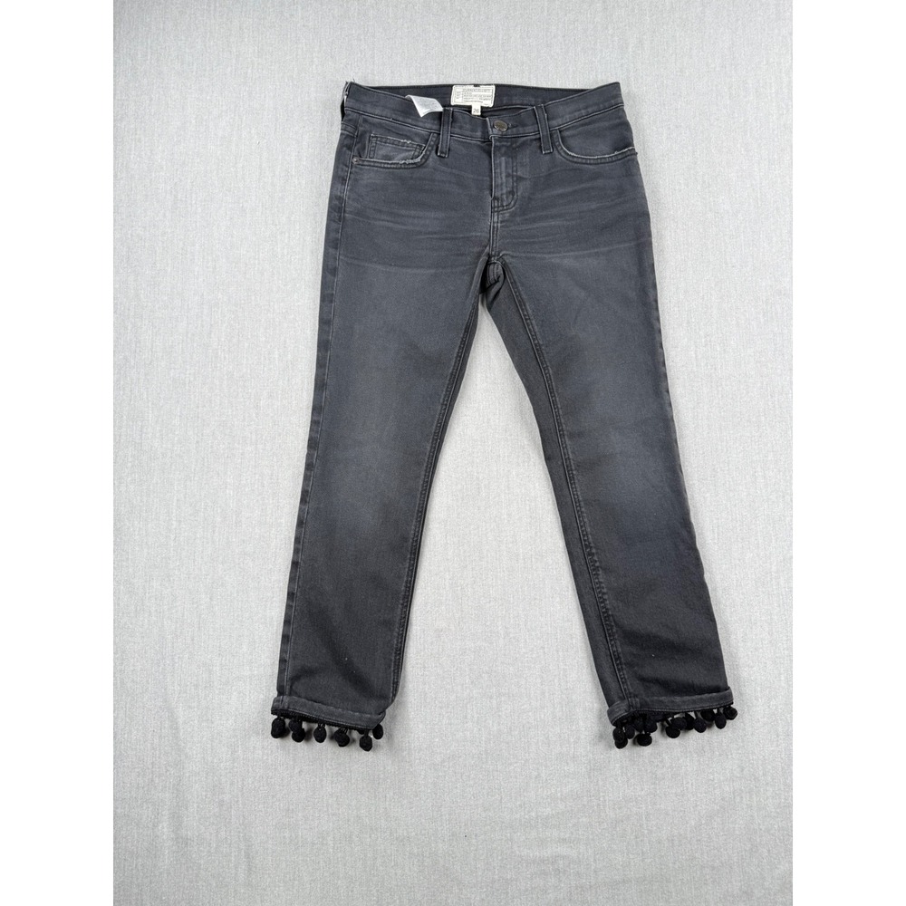Current/Elliott‎ The Cropped Straight Flipped Hem Pompom Jeans Black 26